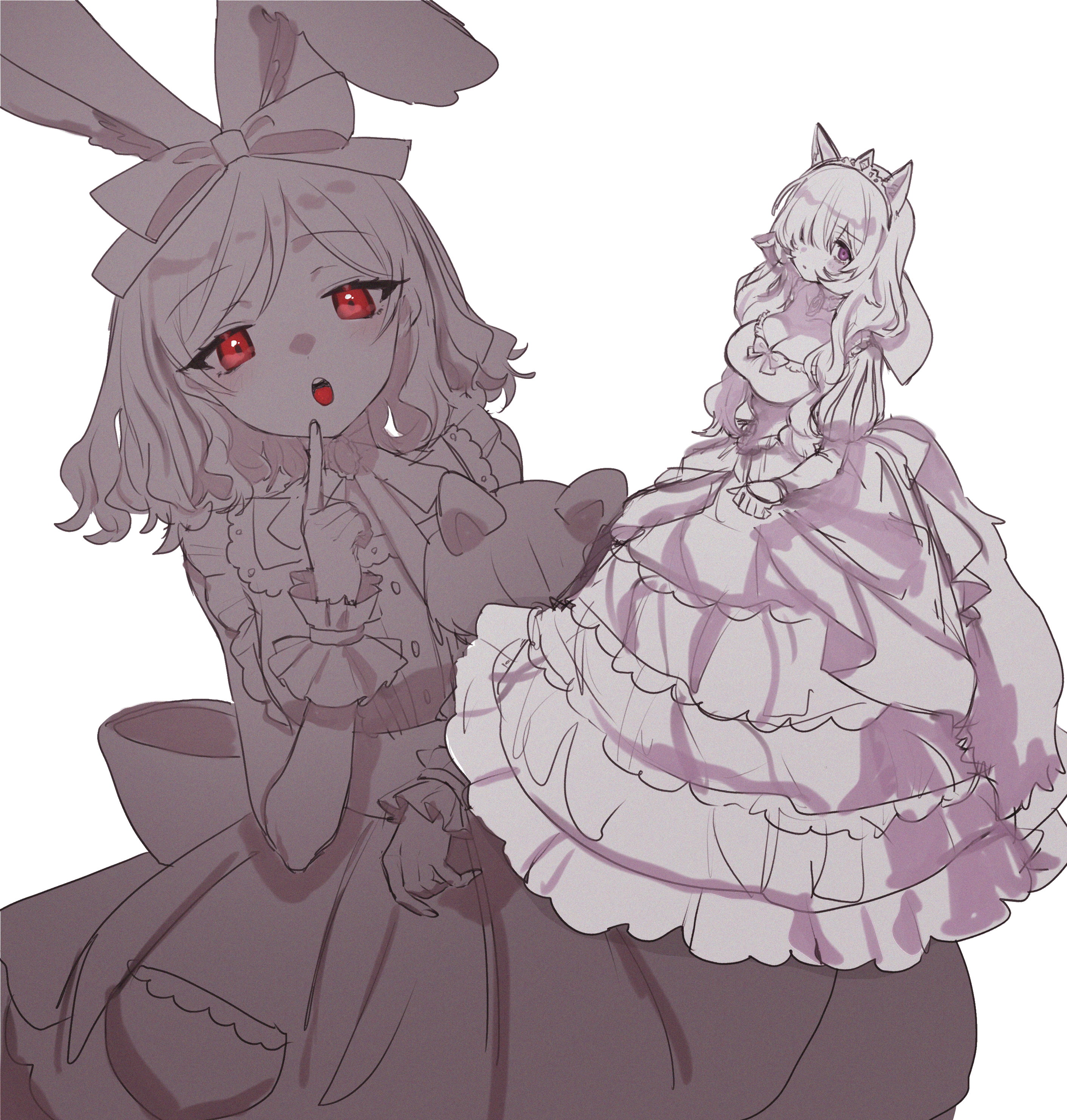 eurasia (wtp09ptw14), original, absurdres, commentary request, highres, unfinished, 2girls, :o, animal ears, bow, breasts, cat ears, cat girl, cat tail, cleavage, dress, finger to mouth, frilled dress, frills, hair bow, large breasts, long dress, long hair, looking at viewer, monochrome, multiple girls, open mouth, parted bangs, princess, purple eyes, rabbit ears, rabbit girl, red eyes, short hair, simple background, sketch, spot color, tail, tiara, white background