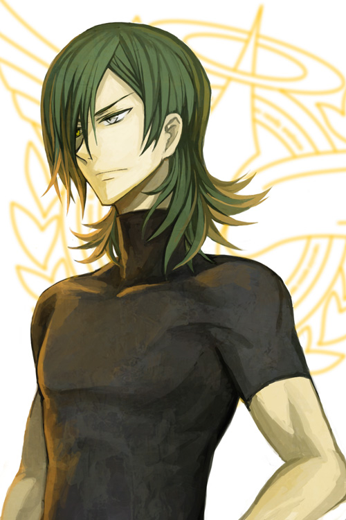 osamu (jagabata), allelujah haptism, gundam, gundam 00, bad id, bad pixiv id, 00s, green hair, heterochromia, male focus, skin tight, solo