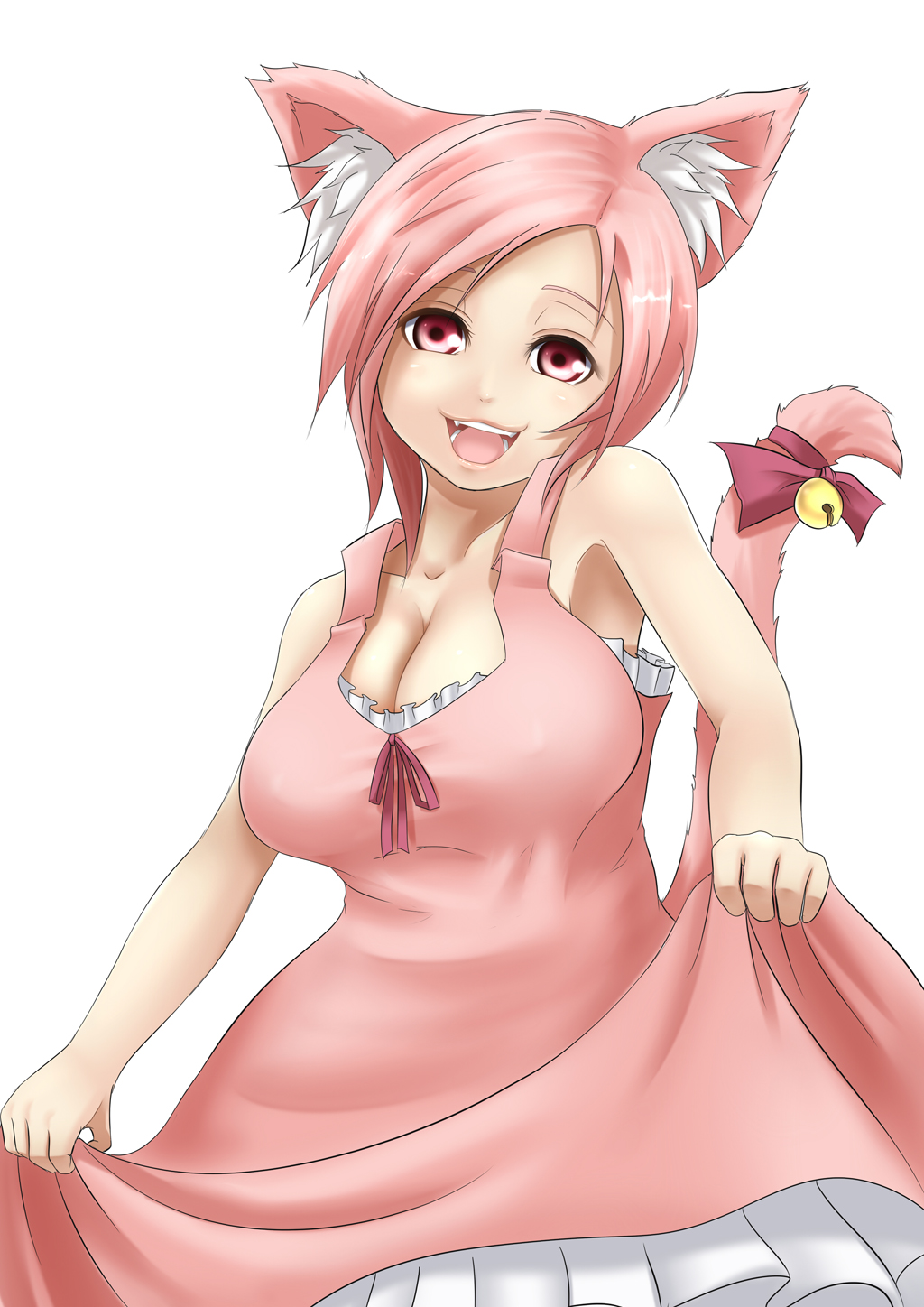 homura (haku89), bad id, bad pixiv id, highres, 1girl, animal ears, bell, breasts, cleavage, dress, female focus, happy, large breasts, pink eyes, pink hair, short hair, solo, tail, tail bell, tail ornament