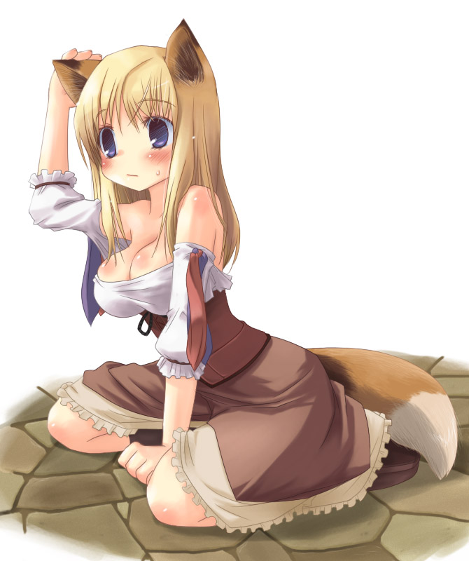 wazawogi (wzog), fantasy earth, fantasy earth zero, non-web source, 1girl, animal ear fluff, animal ears, bare shoulders, blonde hair, blue eyes, blush, breasts, brown corset, brown shoes, cleavage, clenched hand, closed mouth, corset, dress, fox ears, fox girl, fox tail, from side, hand on ground, hand on own head, knee blush, large breasts, long hair, off-shoulder dress, off shoulder, seiza, shoes, shoulder blush, sidelocks, simple background, sitting, solo, sweat, tail, tareme, white background