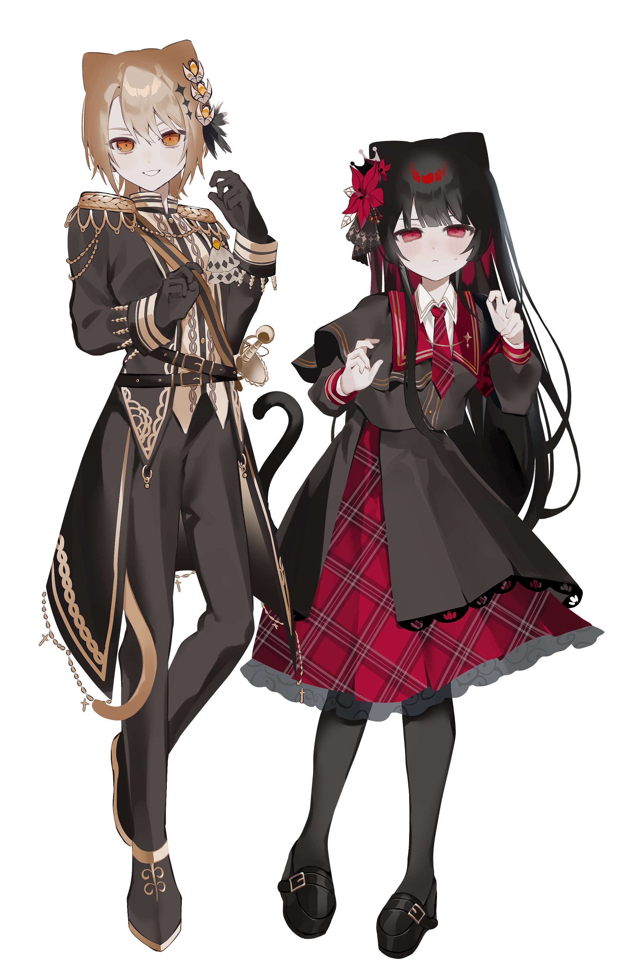 mo fumo fu kitsune, nikaidou hiro, mahou shoujo no majo saiban, absurdres, commentary request, highres, 2girls, animal ears, belt, black belt, black gloves, black hair, black jacket, black pants, black shirt, black shoes, blonde hair, cat ears, cat tail, closed mouth, collared shirt, epaulettes, flower, frilled skirt, frills, full body, gloves, hair flower, hair ornament, hands up, hasumi reia, jacket, kemonomimi mode, layered skirt, long hair, long sleeves, looking at viewer, magical girl, multiple girls, necktie, pants, plaid clothes, plaid skirt, red eyes, red flower, red necktie, red skirt, sash, shirt, shoes, short hair, shoulder sash, simple background, skirt, smile, standing, tail, white background, yellow eyes