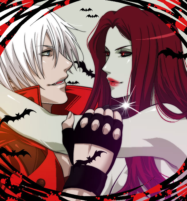 peach-usa, rabi, dante (devil may cry), nevan, capcom, devil may cry, devil may cry (series), devil may cry 3, bad id, bad pixiv id, 00s, 1boy, 1girl, animal, bare shoulders, bat (animal), black gloves, blue eyes, coat, colored skin, demon girl, earrings, fingerless gloves, from side, glint, gloves, grey skin, hug, jewelry, lips, long hair, pale skin, profile, red eyes, red hair, red lips, short hair, trench coat, white hair