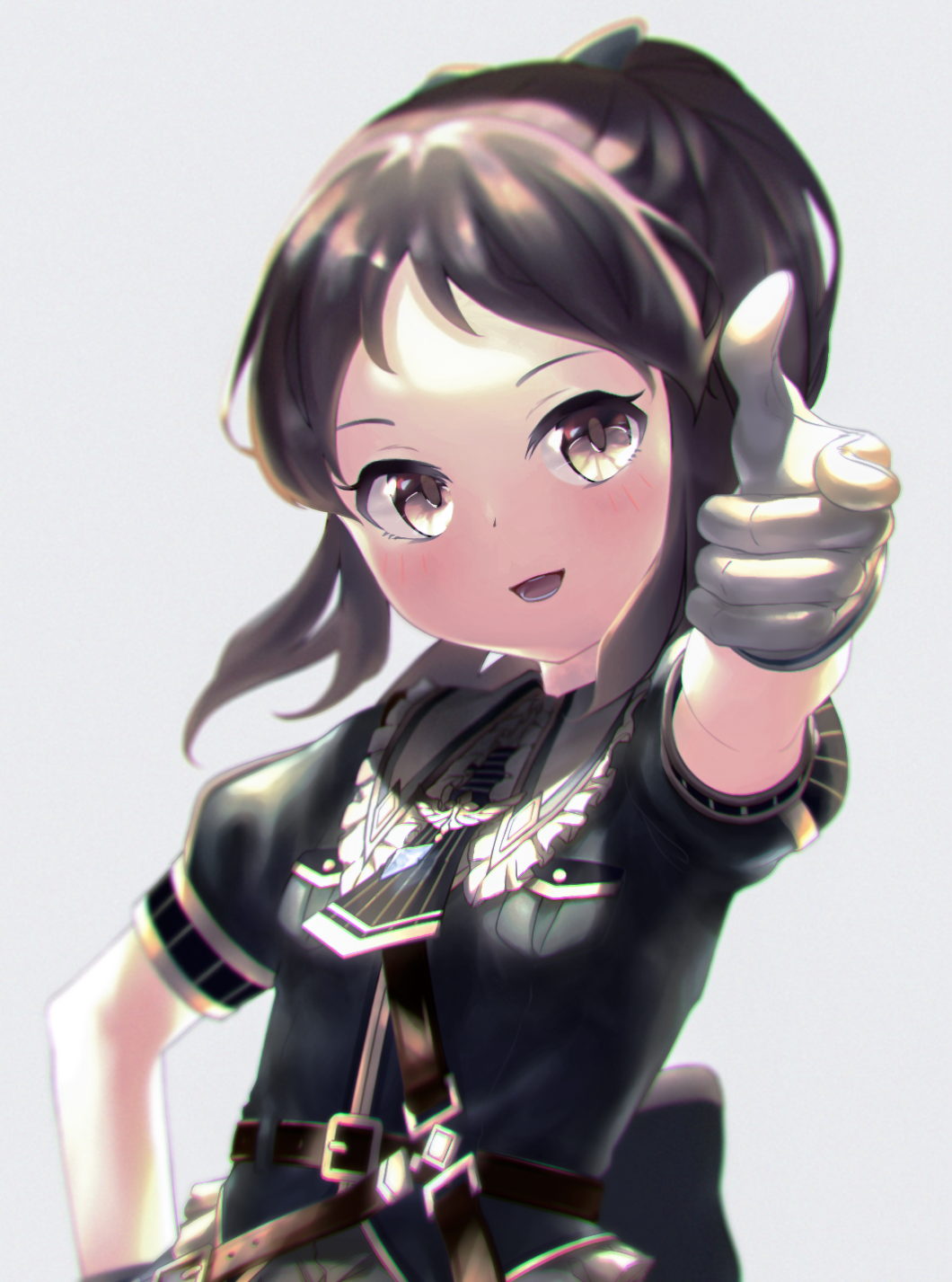 captaintcher, tachibana arisu, idolmaster, idolmaster cinderella girls, idolmaster cinderella girls starlight stage, highres, 1girl, black hair, blush, gloves, grey eyes, idol clothes, pointing, pointing at viewer, smile, solo, upper body