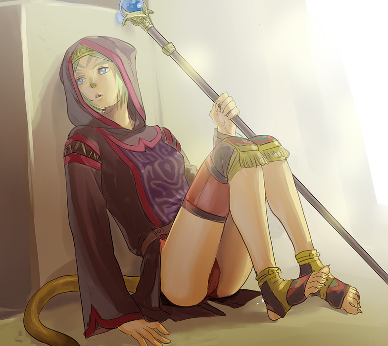 yuccoshi, black mage (final fantasy), mithra (ff11), final fantasy, final fantasy xi, 00s, 1girl, barefoot, feet, female focus, hood, hoodie, panties, sitting, solo, staff, tail, toeless legwear, toes, underwear