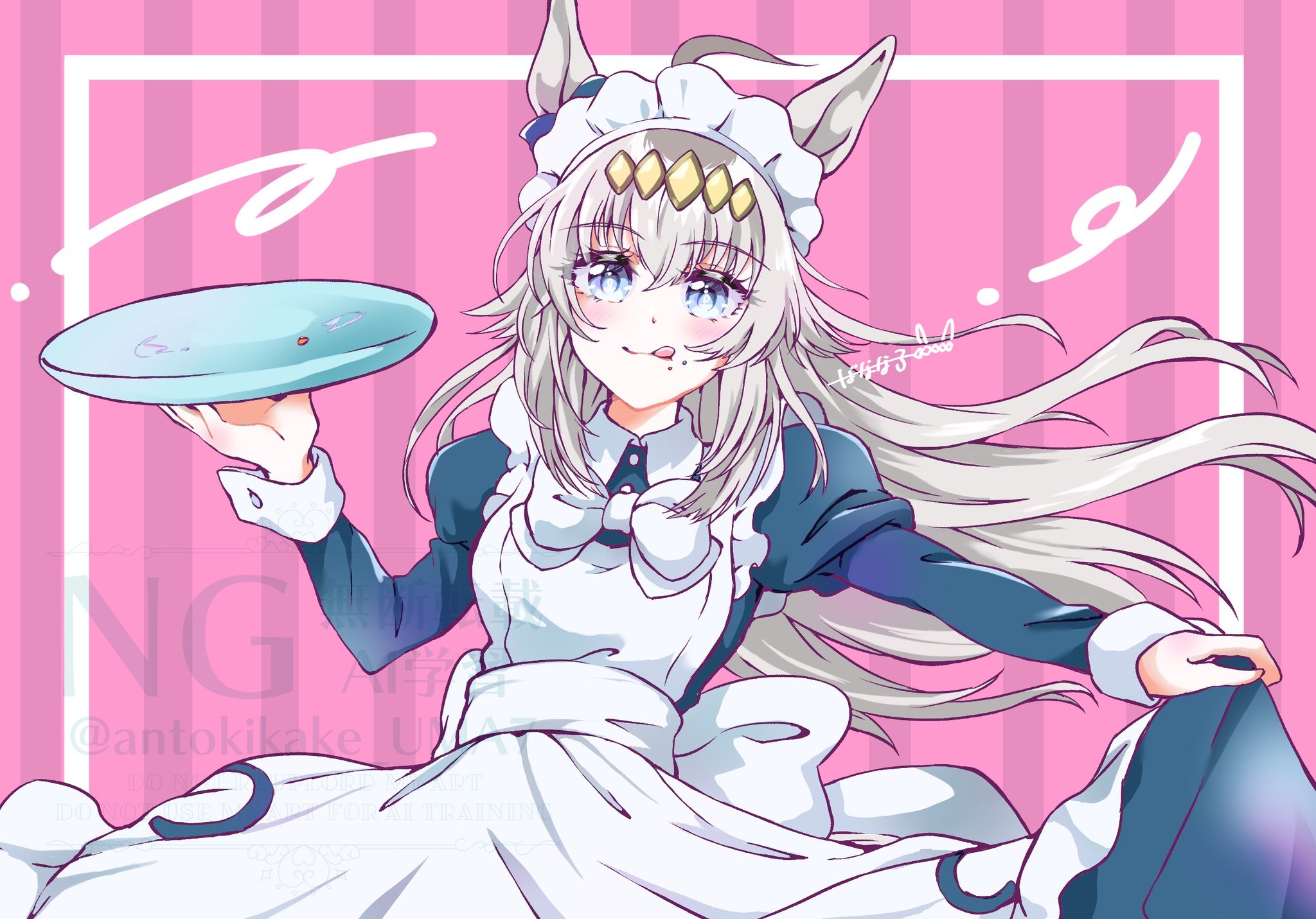 sonna877san, oguri cap (umamusume), umamusume, highres, 1girl, ahoge, alternate costume, animal ears, apron, blue dress, blue eyes, blush, closed mouth, crumbs, dress, ear ornament, grey hair, hair between eyes, hair ornament, hairband, holding, holding tray, horse ears, horse girl, long hair, long sleeves, looking at viewer, maid, maid apron, maid headdress, multicolored hair, smile, solo, tongue, tongue out, tray, white apron