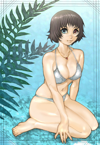 taro (artist), tarowo, lady (devil may cry), capcom, devil may cry, devil may cry (series), devil may cry 3, bad id, bad pixiv id, lowres, 00s, 1girl, bra, breasts, cleavage, female focus, heterochromia, large breasts, lingerie, panties, solo, underwear, underwear only
