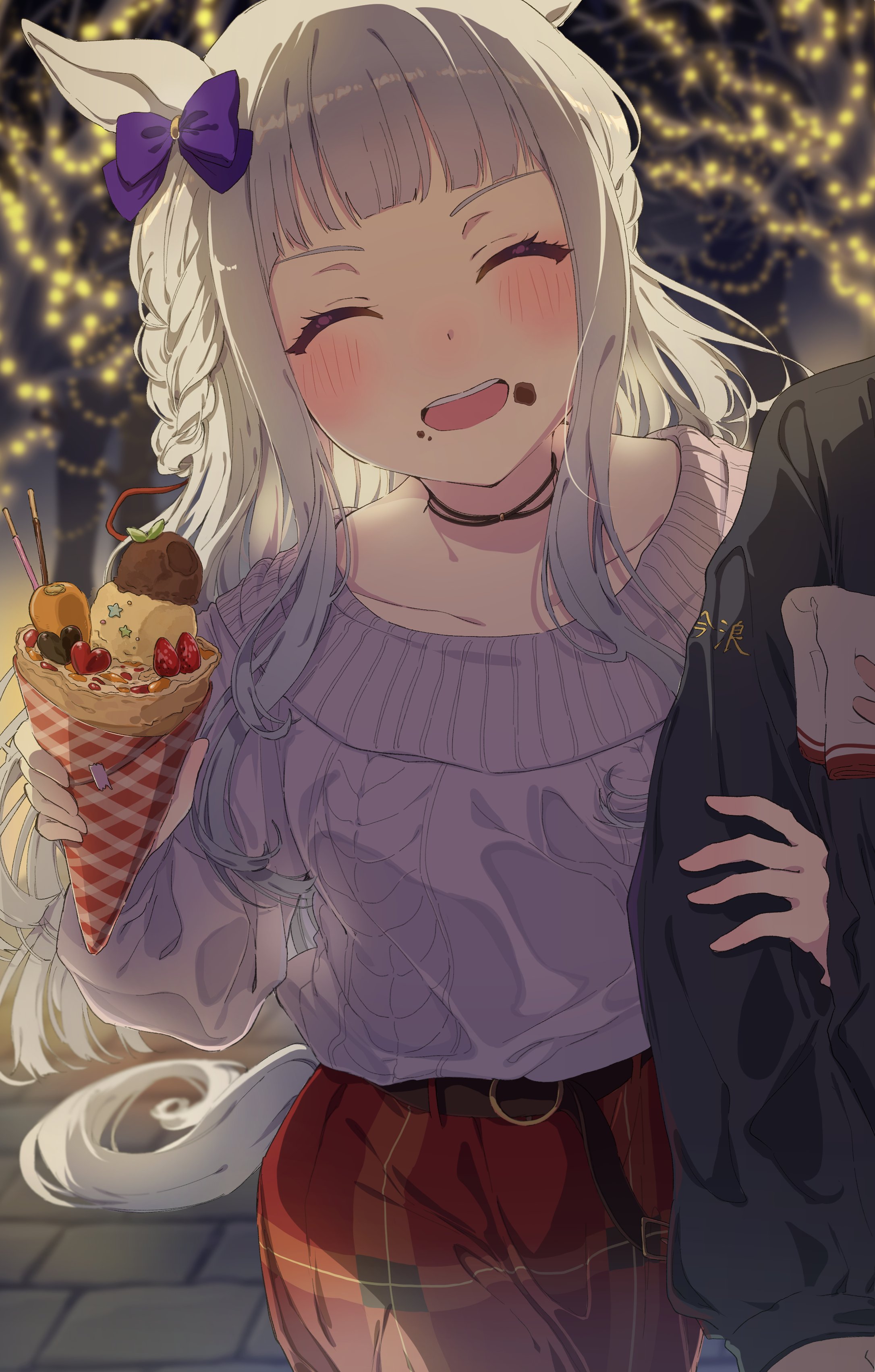 komeko97, gold ship (umamusume), umamusume, absurdres, commentary request, highres, 1girl, 1other, ^ ^, animal ears, arm hug, belt, black belt, black jacket, blunt bangs, blurry, blurry background, blush, bow, braid, closed eyes, collarbone, cowboy shot, crepe, crumbs, ear bow, facing viewer, food, food on face, fruit, grey hair, grey sweater, holding, holding crepe, holding food, horse ears, horse tail, ice cream, jacket, long hair, open mouth, pants, plaid clothes, plaid pants, pocky, purple bow, red pants, strawberry, sweater, tail, teeth, upper teeth only