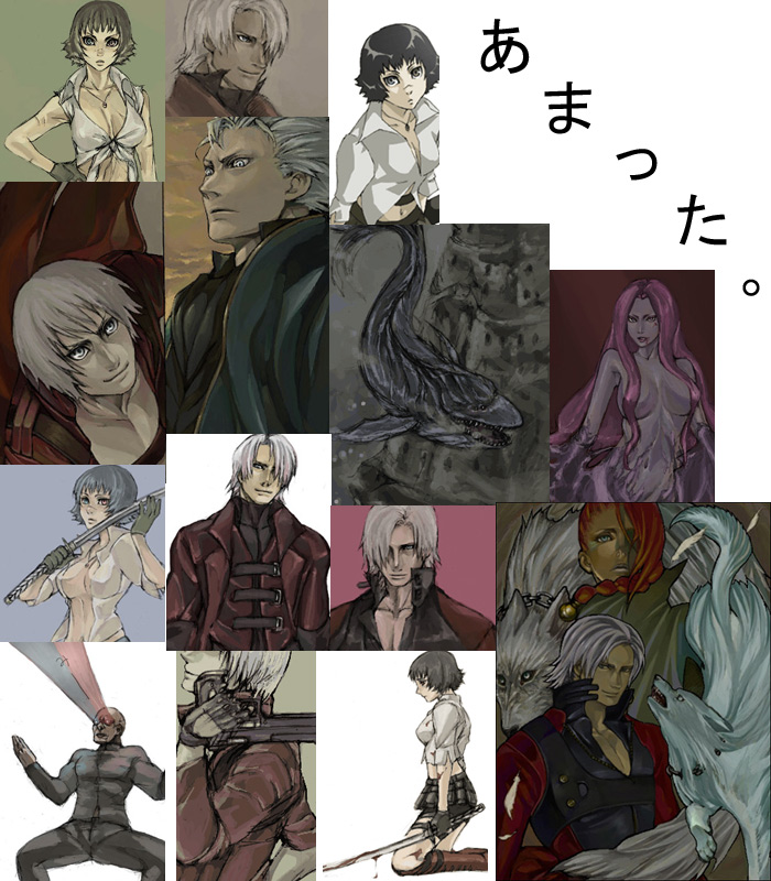 taro (artist), tarowo, dante (devil may cry), lady (devil may cry), lucia (devil may cry), nevan, vergil (devil may cry), capcom, devil may cry (series), devil may cry 2, devil may cry 3, bad id, bad pixiv id, 00s, 3boys, 3girls, blood, collage, multiple boys, multiple girls