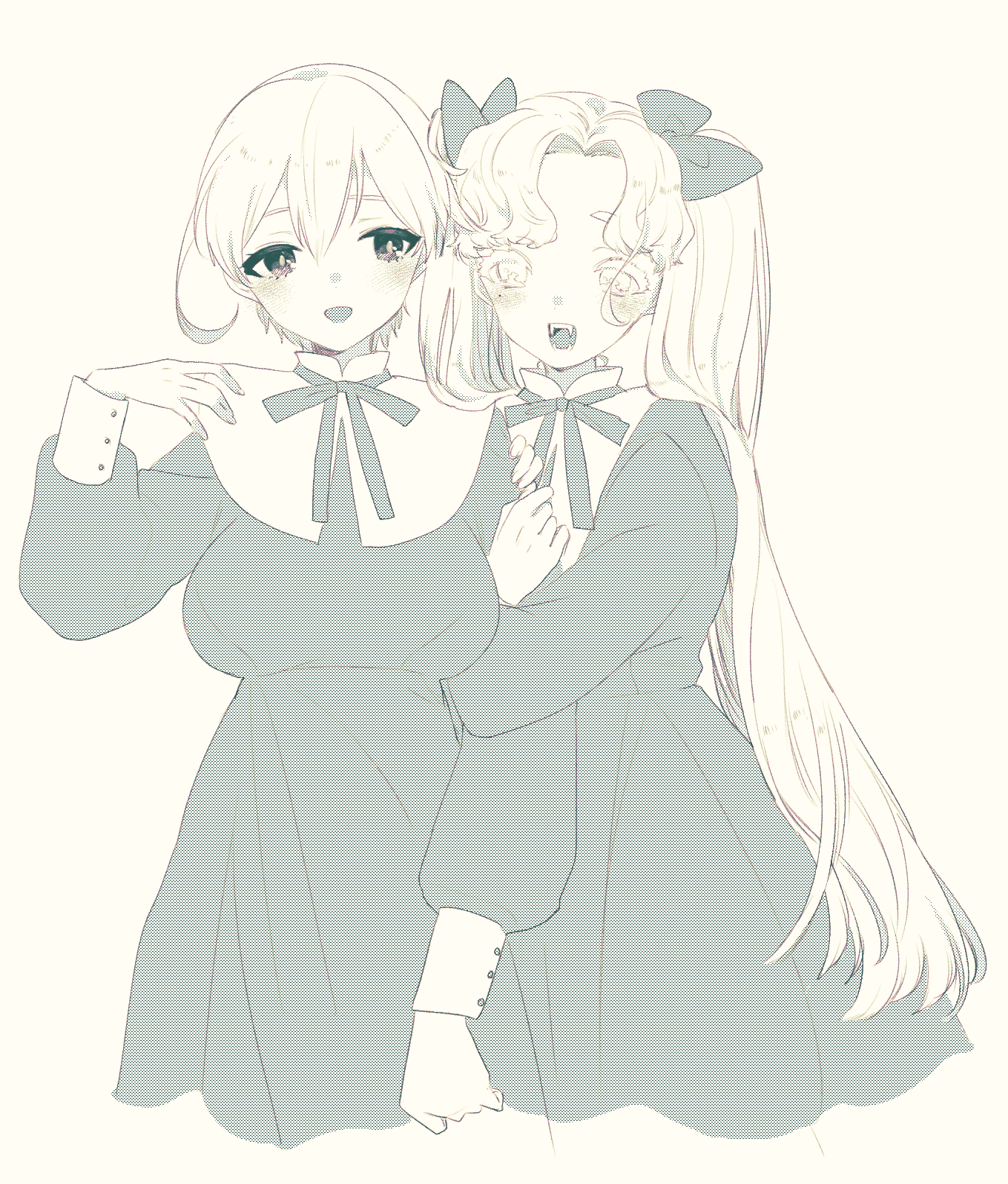 eurasia (wtp09ptw14), original, commentary request, highres, 2girls, arm hug, bow, breasts, double-parted bangs, dress, fangs, hair between eyes, hair bow, hand up, large breasts, long hair, long sleeves, looking at another, monochrome, multiple girls, neck ribbon, open mouth, parted bangs, ribbon, simple background, sketch, smile, twintails, white background