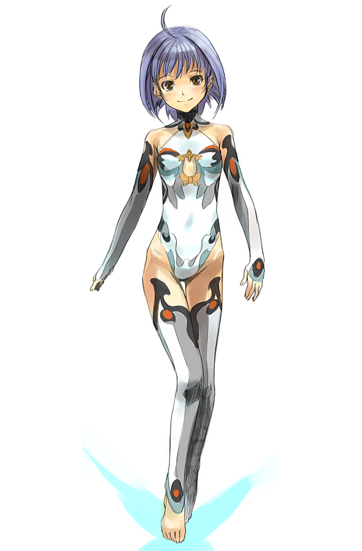 shimotsuki eight, original, bad id, bad pixiv id, 1girl, ahoge, bare shoulders, barefoot, blue hair, blush, bodysuit, brown eyes, cleavage cutout, clothing cutout, detached sleeves, feet, female focus, flat chest, full body, groin, halterneck, highleg, highleg leotard, hip bones, leotard, light smile, purple hair, short hair, simple background, sleeves past wrists, smile, solo, standing, thigh gap, thighhighs, thighs, toeless legwear, toes, turtleneck, white background