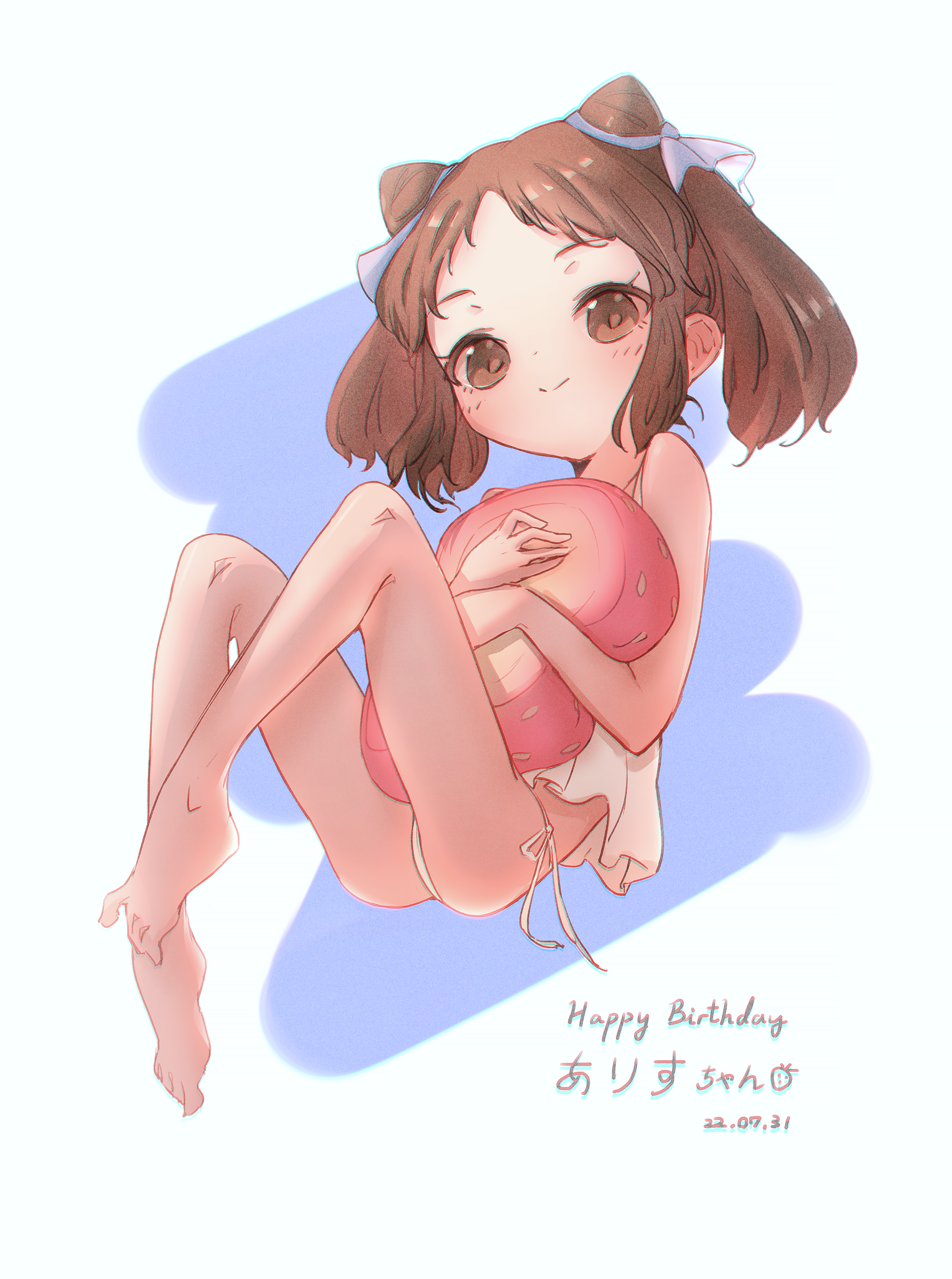 captaintcher, tachibana arisu, idolmaster, idolmaster cinderella girls, absurdres, highres, 1girl, barefoot, brown eyes, brown hair, camisole, full body, happy birthday, looking at viewer, panties, side-tie panties, smile, solo, underwear, white camisole, white panties