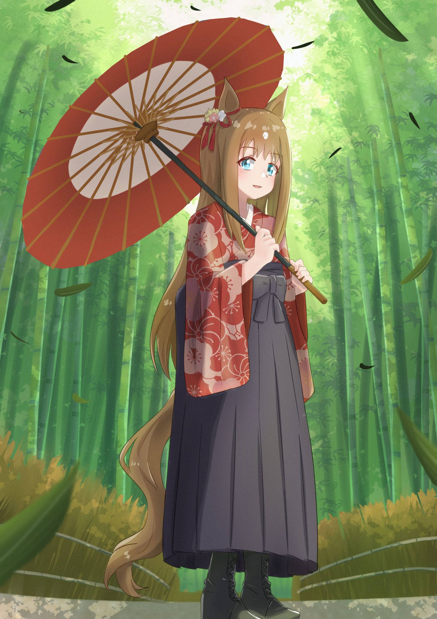 grass wonder (umamusume), umamusume, highres, 1girl, alternate costume, animal ears, bamboo, bamboo forest, black hakama, blue eyes, blush, boots, bow, brown hair, ear ornament, ear ribbon, floral print, floral print kimono, flower, forest, hair flower, hair ornament, hakama, holding, holding umbrella, horse ears, horse girl, horse tail, japanese clothes, kimono, koshiba taiyaki, long hair, long sleeves, looking at viewer, multicolored hair, nature, oil-paper umbrella, open mouth, outdoors, print kimono, smile, solo, tail, umbrella, white hair, wide sleeves