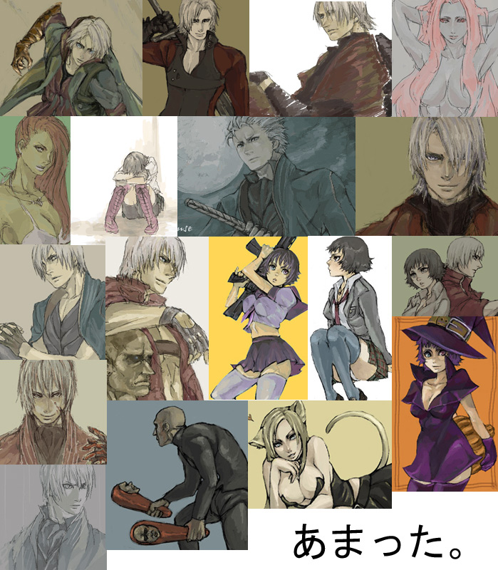 taro (artist), tarowo, dante (devil may cry), lady (devil may cry), lucia (devil may cry), nevan, trish (devil may cry), vergil (devil may cry), capcom, devil may cry, devil may cry (series), devil may cry 2, devil may cry 3, purple headwear, purple legwear, red neckwear, bad id, bad pixiv id, 00s, 4boys, 4girls, animal ears, arms behind head, bald, blonde hair, boots, breasts, cleavage, convenient censoring, dress, dual wielding, gloves, hat, holding, knees together feet apart, lace-up boots, legs together, long hair, loose necktie, medium breasts, midriff, midriff peek, miniskirt, multiple boys, multiple girls, necktie, on floor, panties, panty peek, pantyshot, pigeon-toed, pink hair, pleated skirt, purple dress, purple gloves, school uniform, serafuku, shirt, short dress, short hair, short sleeves, simple background, sitting, skirt, strapless, strapless shirt, tail, thighhighs, underwear, weapon, witch hat, zettai ryouiki