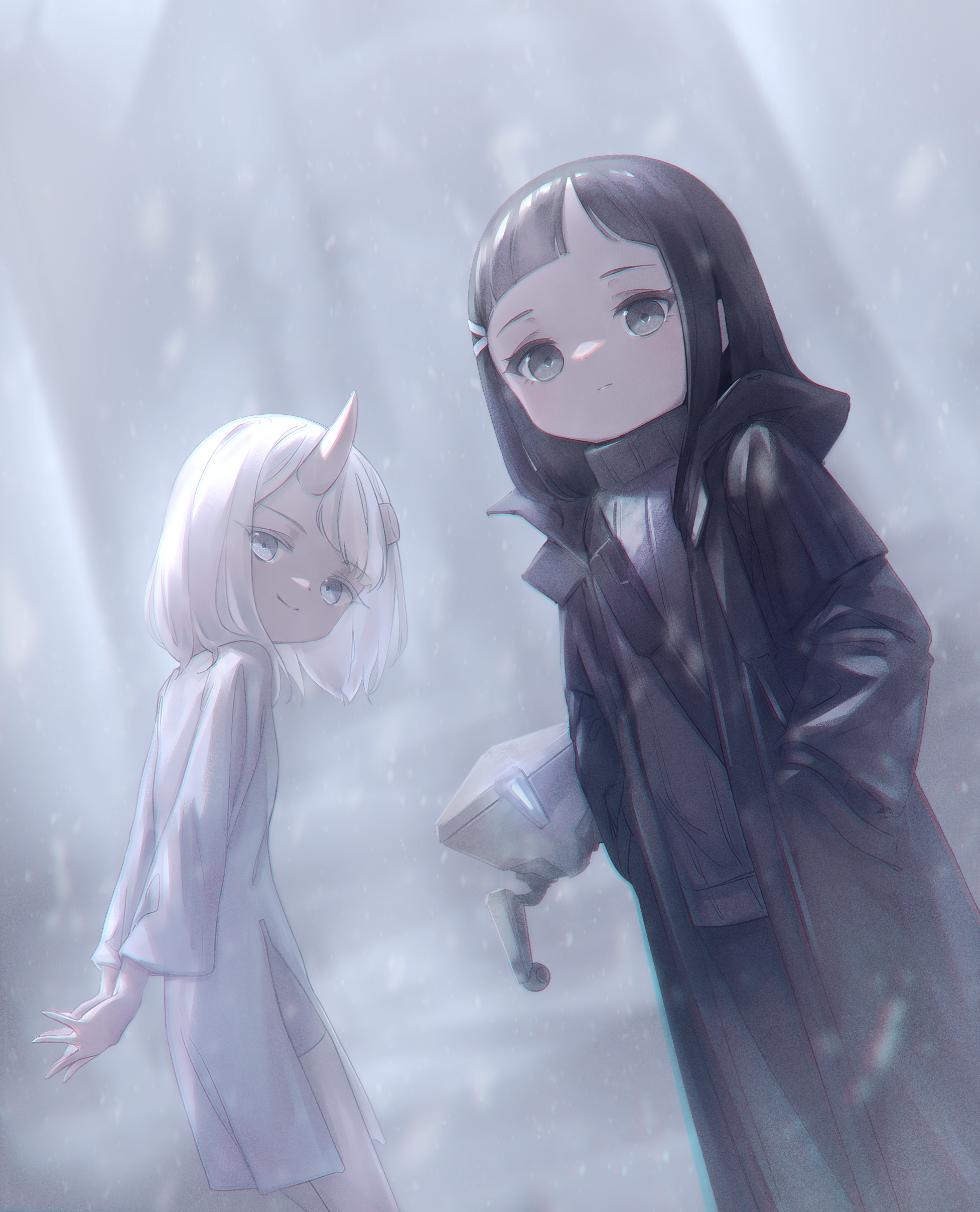 captaintcher, original, absurdres, highres, 2girls, black hair, broken horn, coat, dress, flat chest, horns, long hair, looking at viewer, multiple girls, oni, robot, science fiction, short hair, smile, white hair