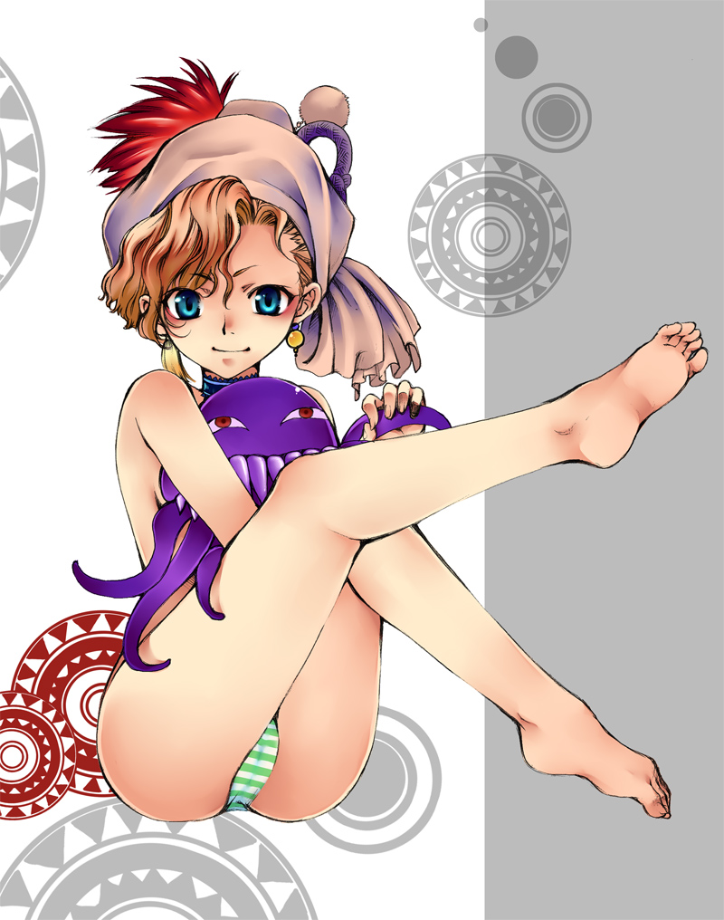 kamitani (laikaloid), relm arrowny, ultros, final fantasy, final fantasy vi, 1990s (style), 1girl, ass, barefoot, blonde hair, blue eyes, cameltoe, earrings, eyeshadow, feet, female focus, hat, jewelry, loli, makeup, panties, pantyshot, retro artstyle, sitting, smile, solo, striped clothes, striped panties, thighs, toes, topless female, underwear