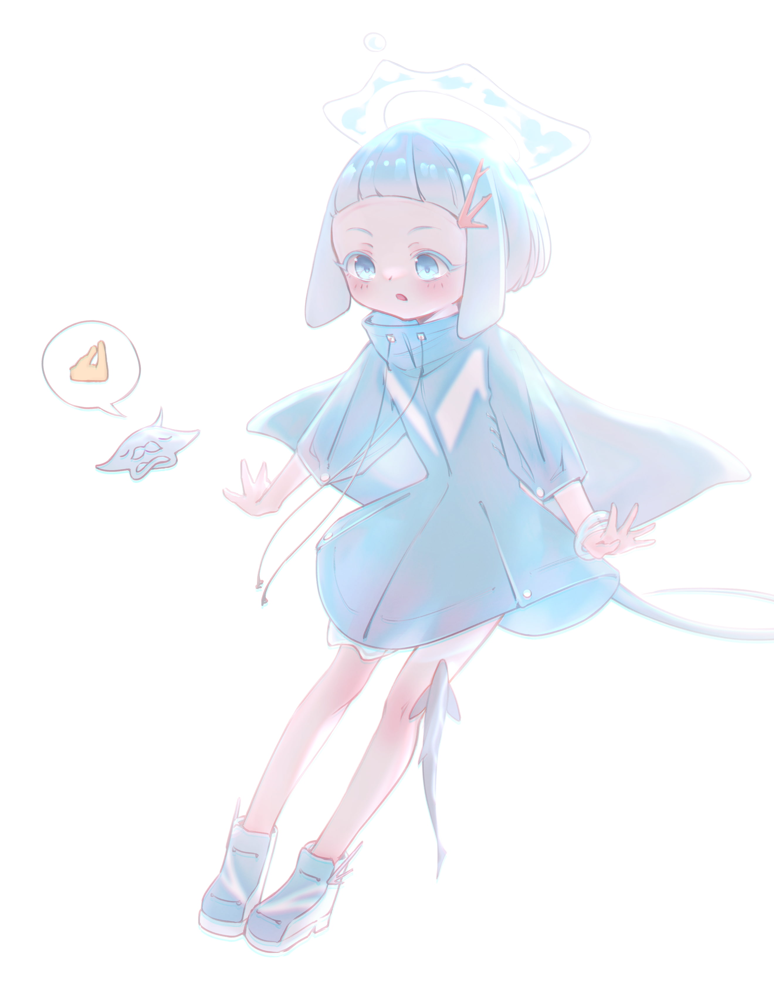 captaintcher, original, absurdres, highres, 1girl, blue eyes, blue hair, creature, dress, flat chest, full body, halo, short hair, simple background, sketch, solo, white background