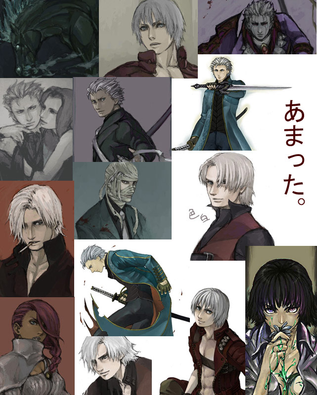 taro (artist), tarowo, dante (devil may cry), lady (devil may cry), lucia (devil may cry), nevan, vergil (devil may cry), capcom, devil may cry (series), devil may cry 2, devil may cry 3, bad id, bad pixiv id, 00s, 2boys, 3girls, multiple boys, multiple girls