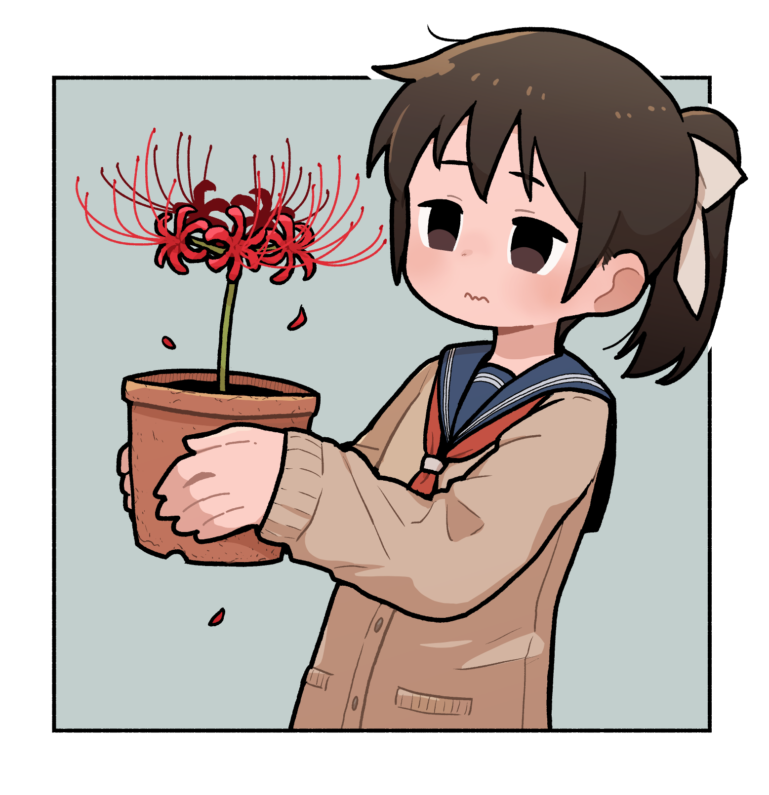 takurada, original, highres, 1girl, black hair, blue sailor collar, border, bow, brown cardigan, brown eyes, cardigan, falling petals, flower, hair bow, holding, holding plant, neckerchief, outside border, petals, plant, ponytail, potted plant, red neckerchief, sailor collar, solo, spider lily, wavy mouth, white border, white bow