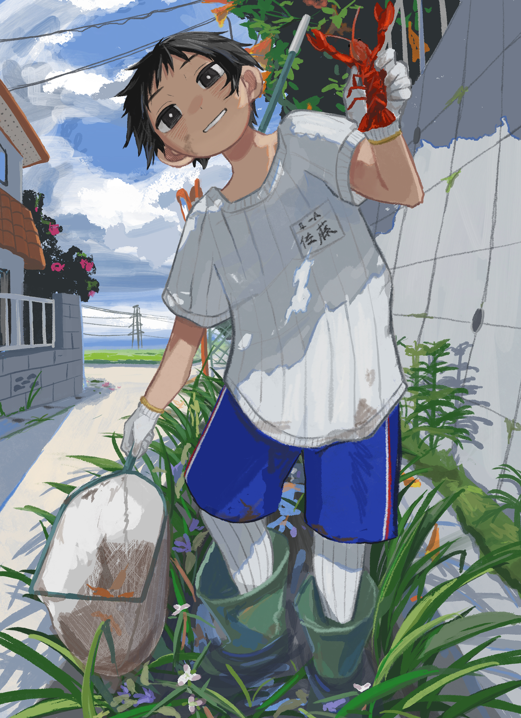 amamoto air, original, highres, 1girl, black eyes, black hair, blue shorts, boots, building, butterfly net, cloud, cloudy sky, crayfish, day, dirty, dirty clothes, dirty face, gloves, green boots, grin, hand net, head tilt, holding, holding butterfly net, kneehighs, looking at viewer, outdoors, power lines, road, rubber boots, rural, shirt, short hair, shorts, sky, smile, socks, solo, street, tomboy, white gloves, white shirt