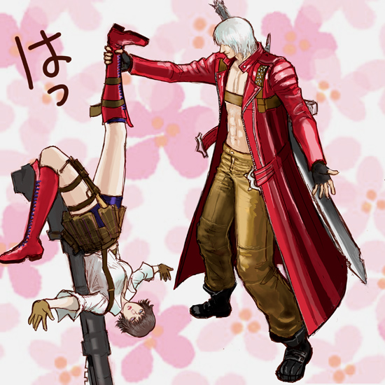 ya-ma-to, dante (devil may cry), lady (devil may cry), capcom, devil may cry (series), devil may cry 3, red footwear, bad id, bad pixiv id, 00s, 1boy, 1girl, abs, boots, fingerless gloves, full body, gloves, jacket, open clothes, open jacket, open shirt, red jacket, shirt, shoes, short hair, sword, thigh strap, weapon, white hair
