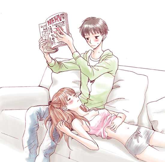 ikari shinji, souryuu asuka langley, neon genesis evangelion, 1boy, 1girl, breasts, casual, cleavage, couch, lap pillow, magazine (object), medium breasts, midriff, red hair, shorts, tank top