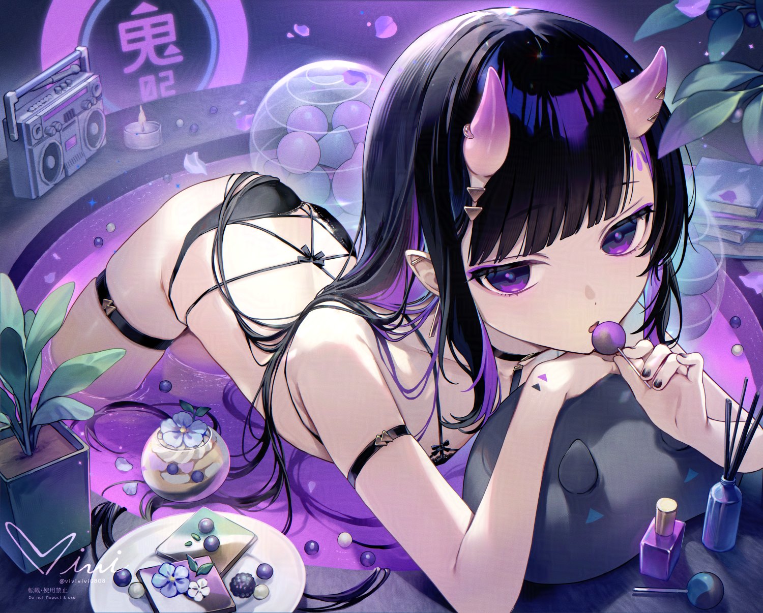 siiqa vivi, original, highres, 1girl, all fours, arm strap, ball, bare shoulders, bath, bikini, black bikini, black choker, black eyes, black hair, black nails, blunt bangs, book, boombox, candy, choker, cosmetics, cowboy shot, dot nose, ear piercing, earrings, falling petals, food, gold earrings, gradient horns, hair ornament, head rest, horn ornament, horns, jewelry, leaf, lollipop, long hair, multicolored eyes, multicolored hair, multicolored horns, nail polish, nail polish bottle, nail polish brush, oni, open mouth, partially submerged, petals, piercing, pink hair, plant, plate, pointy ears, potted plant, purple eyes, signature, stuffed animal, stuffed toy, swimsuit, tattoo, thigh strap, triangle hair ornament, triangle tattoo, twitter username, two-tone eyes, two-tone hair