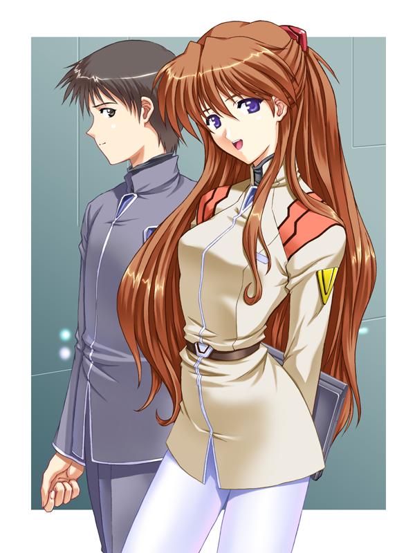suzuno kouya, ikari shinji, souryuu asuka langley, neon genesis evangelion, uniform, 1boy, 1girl, aged up, blue eyes, pantyhose, red hair