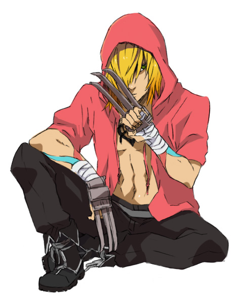 tsuu (tu-3), gunji, togainu no chi, bad id, bad pixiv id, 1boy, bandages, blonde hair, boots, cargo pants, claws, hood, hoodie, male focus, pants, simple background, solo, tattoo
