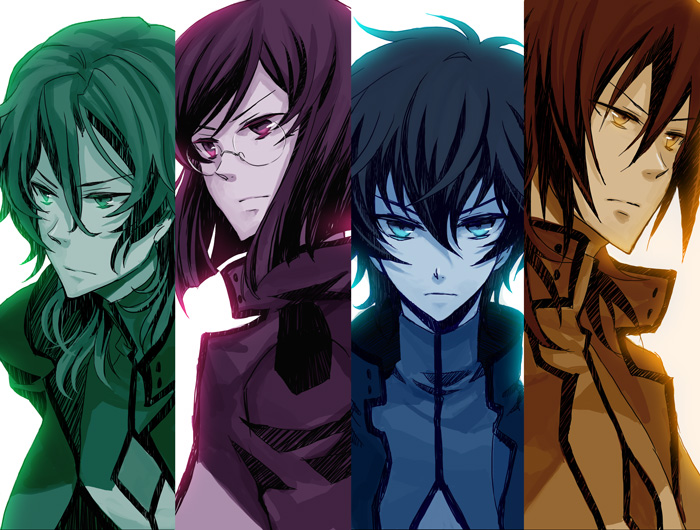 osamu (jagabata), allelujah haptism, lockon stratos, lyle dylandy, setsuna f. seiei, tieria erde, gundam, gundam 00, bad id, bad pixiv id, 00s, 4boys, column lineup, lineup, male focus, multiple boys