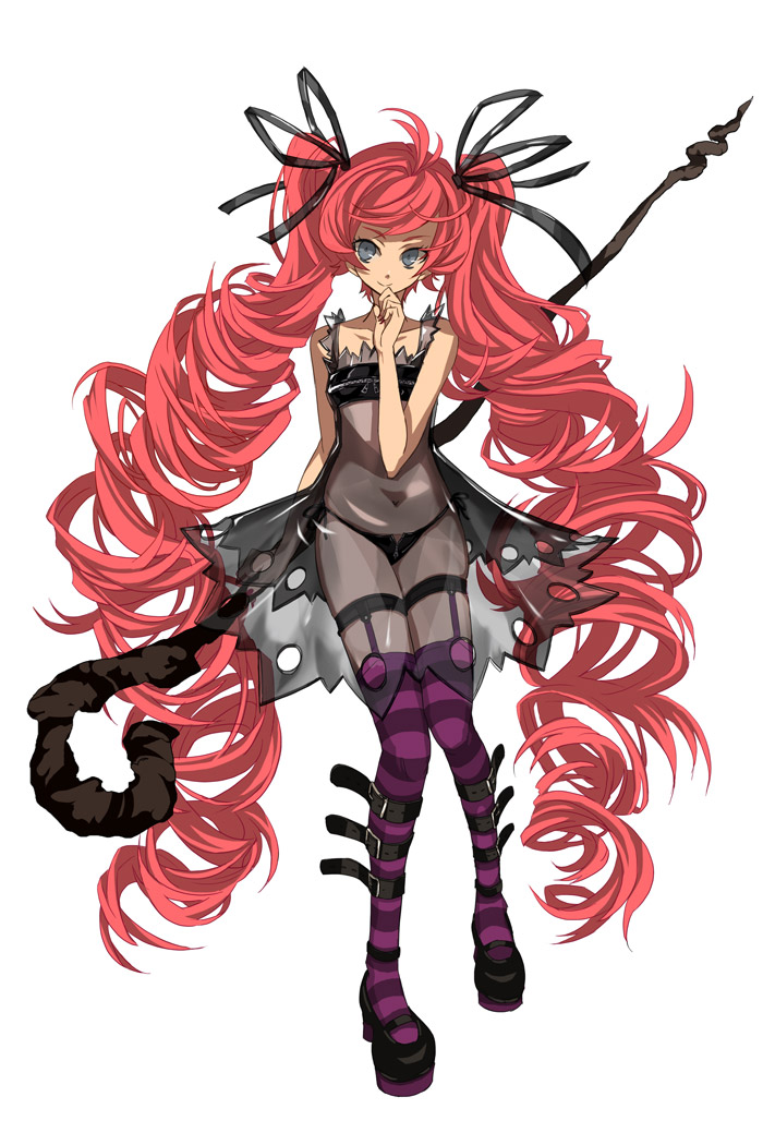 osamu (jagabata), original, bad id, bad pixiv id, 1girl, ahoge, buckle, dress, drill hair, female focus, goth fashion, grey eyes, hair ribbon, legs, lolita fashion, long hair, mary janes, panties, pink hair, ribbon, see-through clothes, shoes, side-tie panties, smile, solo, staff, striped clothes, striped thighhighs, thighhighs, twintails, underwear, very long hair, witch, zipper