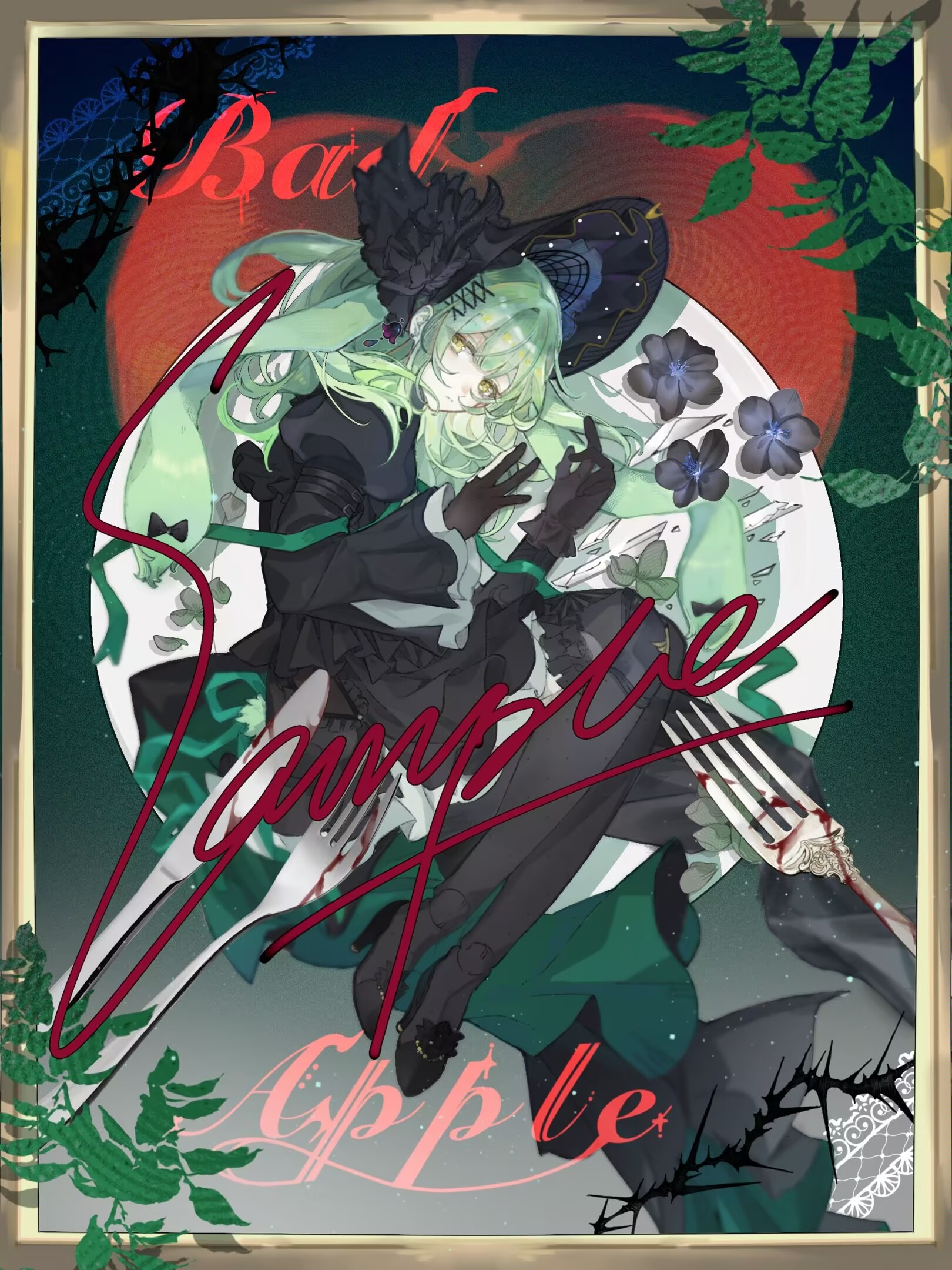 wakaba mutsumi, wakaba mutsumi (marionette's id), arknights, bang dream!, bang dream! it's mygo!!!!!, chinese commentary, commentary request, highres, 1girl, animal ears, black bonnet, black dress, black gloves, black pantyhose, black shoes, blood, bonnet, border, closed mouth, dress, floppy ears, fork, from above, full body, gloves, gothic lolita, green background, green hair, green ribbon, hair ornament, high heels, lolita fashion, long hair, long sleeves, looking at viewer, lying, mini person, minigirl, on plate, on side, pantyhose, rabbit ears, rabbit girl, ribbon, sample watermark, shoes, sidelocks, solo, watermark, x hair ornament, xia xiao (xx0419), yellow eyes