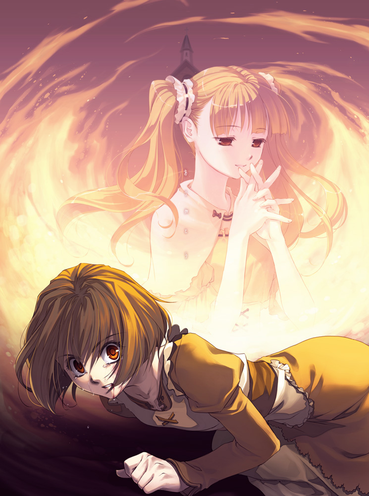 mashimaro, sacrifice, sacrifice's sister (elysion), elysion, sound horizon, blood, blood from mouth, blunt bangs, bob cut, eyelashes, half-closed eyes, interlocked fingers, long hair, own hands together, ribbon, short hair, siblings, sisters, tears, twintails, wide-eyed