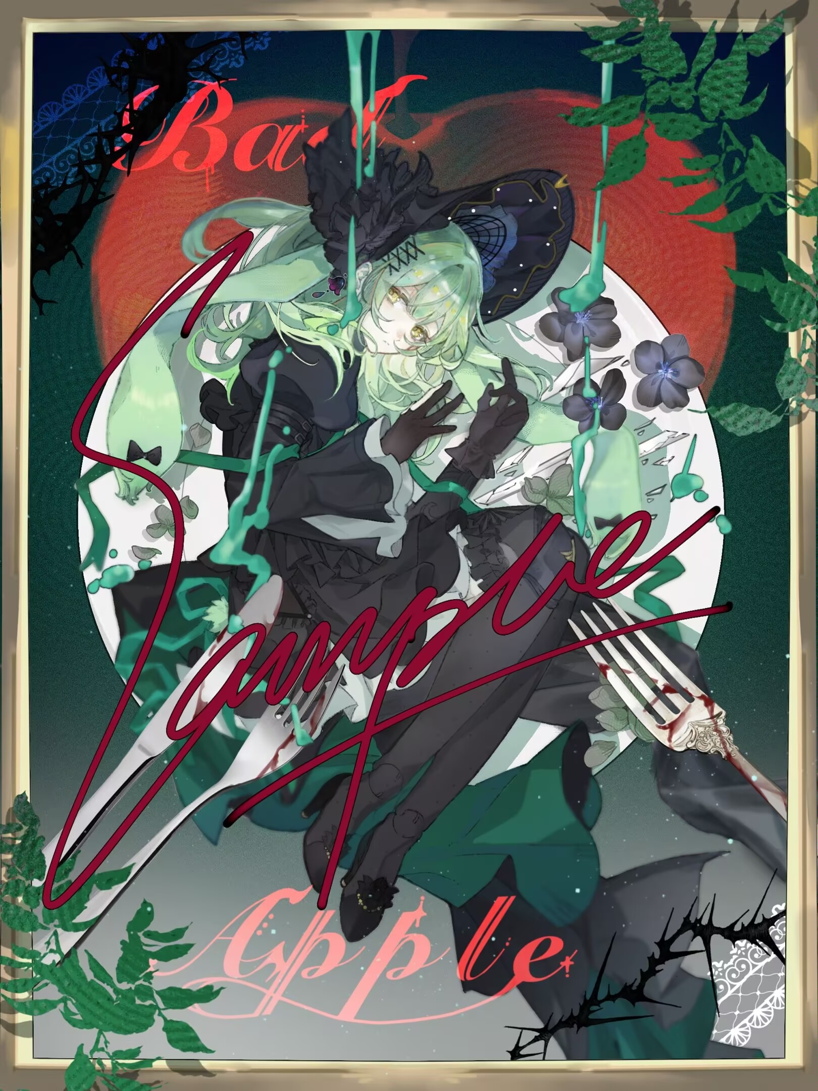 wakaba mutsumi, wakaba mutsumi (marionette's id), arknights, bang dream!, bang dream! it's mygo!!!!!, chinese commentary, commentary request, highres, 1girl, ambiguous green liquid, animal ears, black bonnet, black dress, black flower, black gloves, black pantyhose, black shoes, blood, bonnet, border, closed mouth, dress, floppy ears, flower, fork, from above, full body, gloves, gothic lolita, green background, green hair, green ribbon, hair ornament, high heels, lolita fashion, long hair, long sleeves, looking at viewer, lying, mini person, minigirl, on plate, on side, pantyhose, rabbit ears, rabbit girl, ribbon, sample watermark, shoes, sidelocks, solo, watermark, x hair ornament, xia xiao (xx0419), yellow eyes