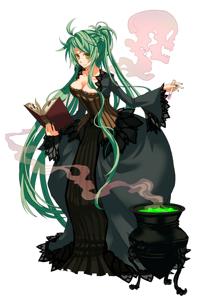 osamu (jagabata), original, bad id, bad pixiv id, 1girl, ahoge, book, breasts, cauldron, cleavage, corset, dress, female focus, green hair, green nails, lace, long hair, medieval, nail polish, ponytail, skull, solo, very long hair, witch, yellow eyes
