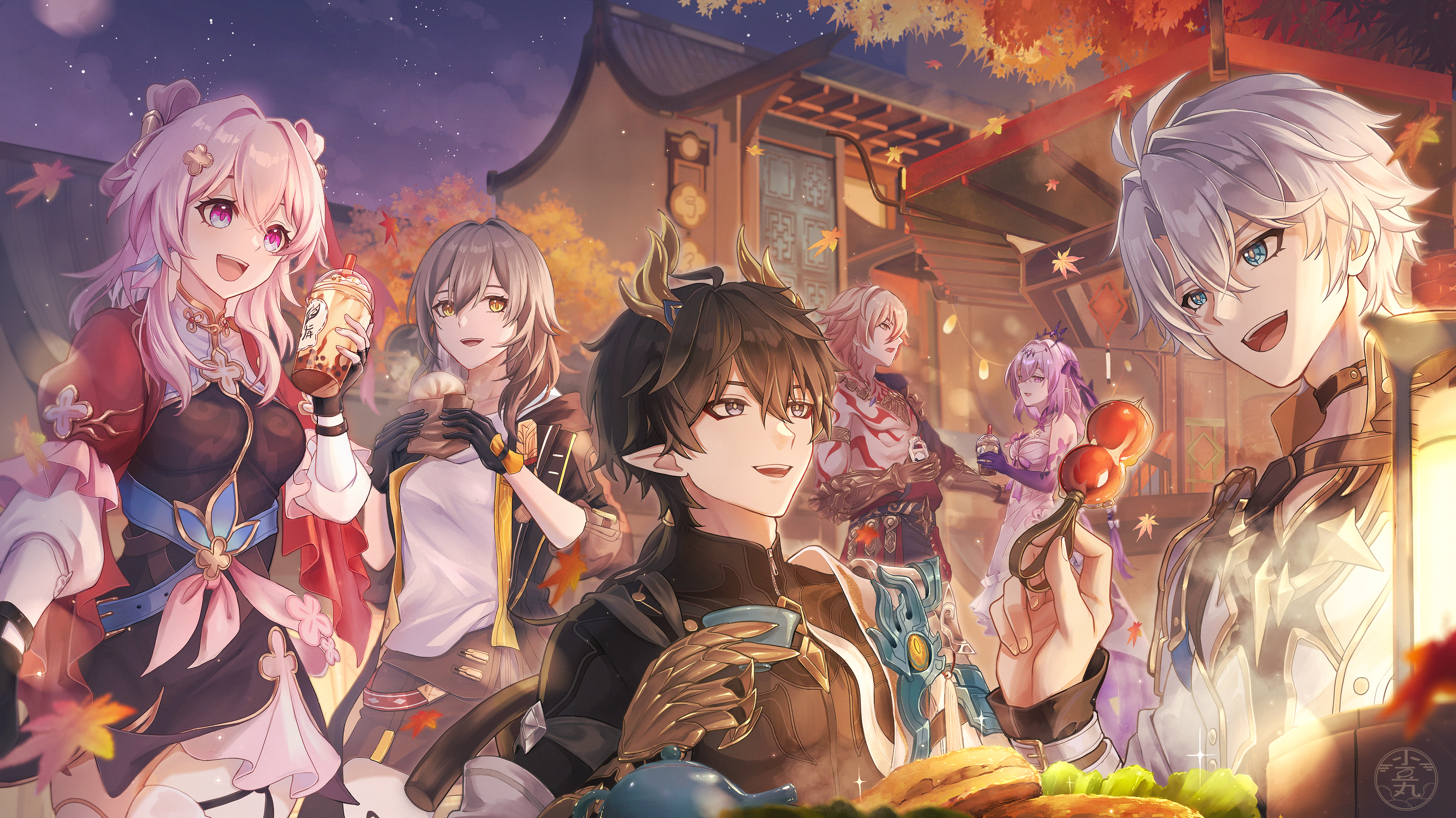 azukimaru, castorice (honkai: star rail), dan heng (honkai: star rail), dan heng (permansor terrae) (honkai: star rail), march 7th (honkai: star rail), march 7th (hunt) (honkai: star rail), mydei (honkai: star rail), phainon (honkai: star rail), stelle (honkai: star rail), trailblazer (honkai: star rail), honkai: star rail, honkai (series), absurdres, commentary request, highres, 3boys, 3girls, antenna hair, architecture, autumn leaves, bare shoulders, black gloves, black hair, black jacket, black shirt, black skirt, black tiara, blue eyes, breasts, bubble tea, building, chinese clothes, cup, disposable cup, dragon boy, dragon horns, dress, drinking straw, east asian architecture, eating, food, gloves, grey hair, hair between eyes, hair ornament, hair ribbon, holding, holding cup, holding food, horns, jacket, leaf, long hair, looking at another, medium breasts, multicolored eyes, multiple boys, multiple girls, night, night sky, open mouth, outdoors, pink eyes, pink hair, pointy ears, purple eyes, purple gloves, purple hair, red jacket, ribbon, shirt, short hair, shuangyaji, sitting, skirt, sky, standing, tiara, two-tone eyes, very long hair, white dress, white hair, white shirt, yellow eyes, yellow horns