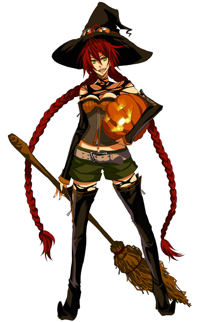 osamu (jagabata), original, bad id, bad pixiv id, 1girl, ahoge, belt, black nails, black thighhighs, boots, braid, broom, bustier, detached sleeves, female focus, goggles, green eyes, grin, halloween, hat, jack-o'-lantern, lingerie, long hair, midriff, nail polish, navel, open mouth, pumpkin, red hair, shorts, simple background, smile, solo, strapless, thigh boots, thighhighs, torn clothes, tube top, twin braids, underwear, very long hair, witch, witch hat, zipper