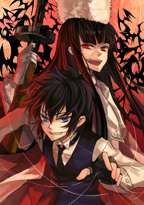 osamu (jagabata), alucard (hellsing), girlycard, walter, walter c. dornez, hellsing, hellsing: the dawn, bad id, bad pixiv id, gender request, 1boy, 1girl, androgynous, bat (animal), black hair, blue eyes, fingerless gloves, fur hat, garrote, genderswap, gloves, gun, hat, hellsing the dawn, long hair, necktie, piano wires, red eyes, short hair, submachine gun, thompson submachine gun, vampire, vest, weapon