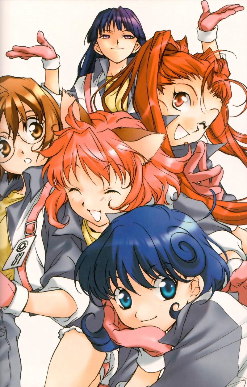 sugisaki yukiru, ikhny allecto, kizna towryk, saki mimori, tukasa kuscha, wrecka toesing, megami kouhosei, uniform, highres, 5girls, animal ears, cat ears, glasses, gloves, multiple girls, one eye closed, wink
