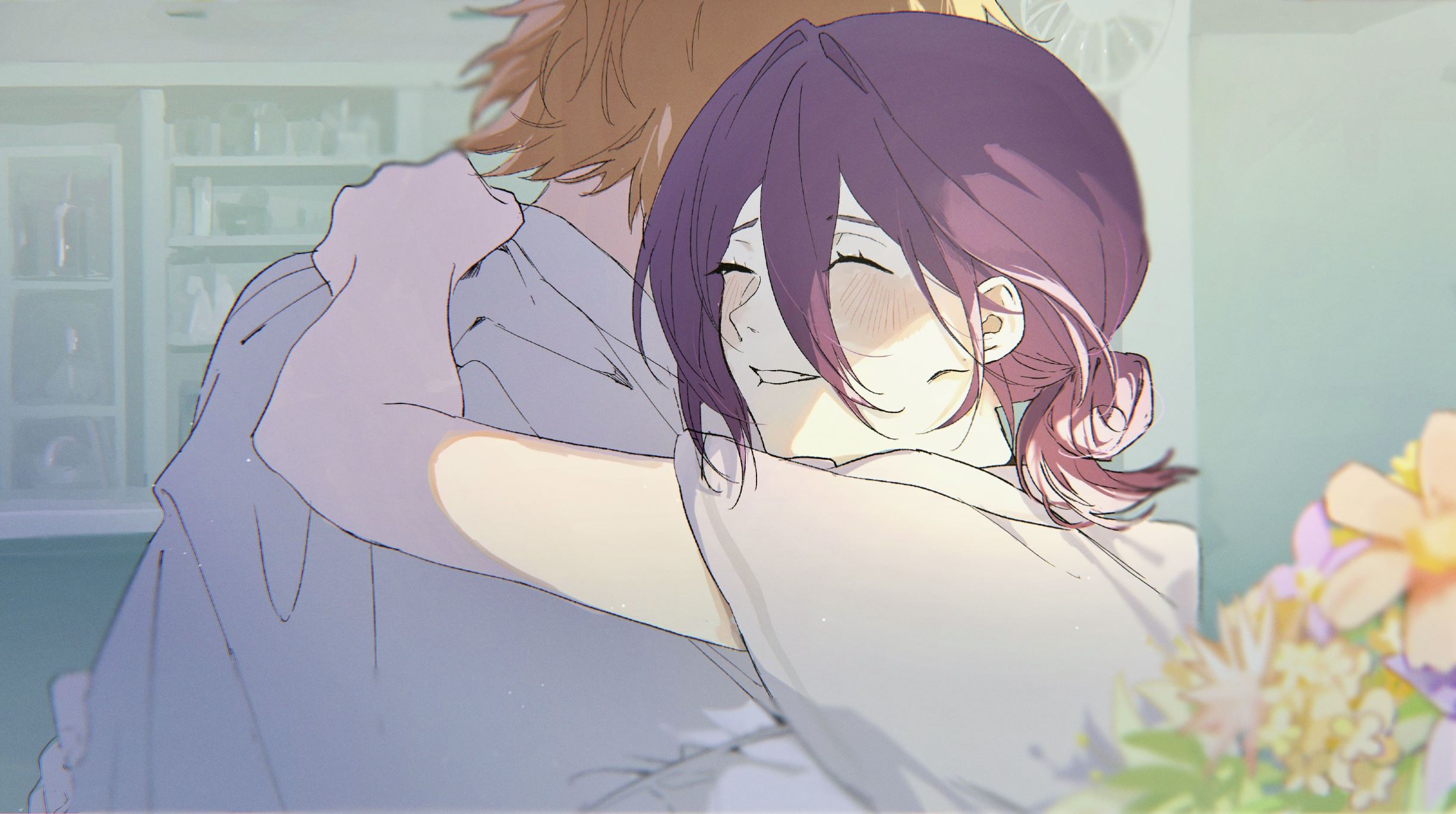 railgun1mikoto22, denji (chainsaw man), reze (chainsaw man), chainsaw man, highres, 1boy, 1girl, back, blonde hair, blush, closed eyes, collared shirt, grin, hug, muntins, purple hair, shirt, smile, sweat, upper body, vase, white shirt