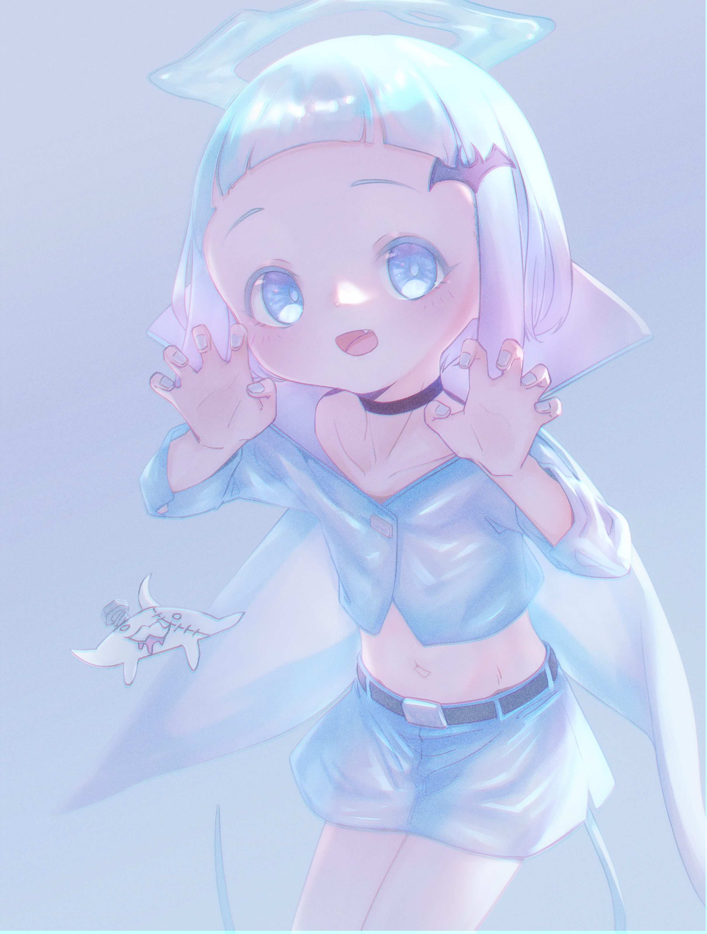 captaintcher, original, absurdres, highres, 1girl, blue eyes, blush, cape, claw pose, creature, crop top, flat chest, halloween costume, halo, looking at viewer, miniskirt, open mouth, short hair, skirt, smile, tail, tenshi kaiwai, white hair