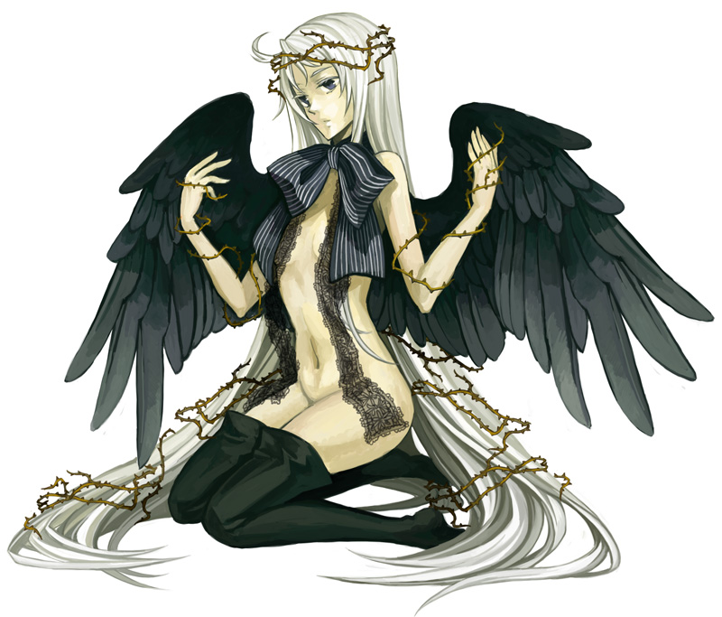 osamu (jagabata), original, silver hair, bad id, bad pixiv id, ahoge, angel, blue eyes, boots, bow, lace, long hair, solo, thigh boots, thighhighs, thorns, very long hair, wings