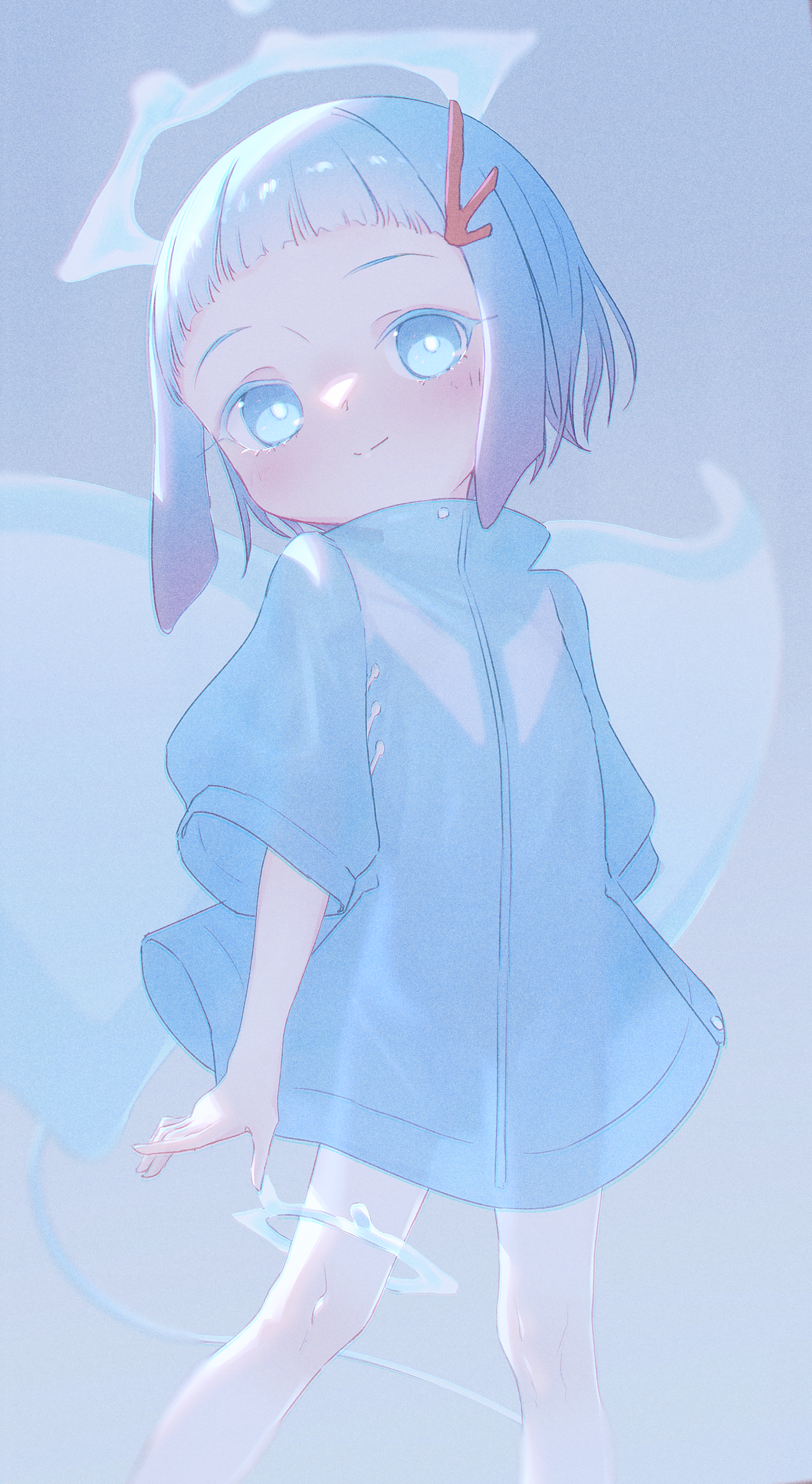 captaintcher, original, absurdres, highres, 1girl, blue eyes, blue hair, dress, flat chest, halo, looking at viewer, pantyhose, see-through silhouette, short hair, smile, solo, tenshi kaiwai, white pantyhose