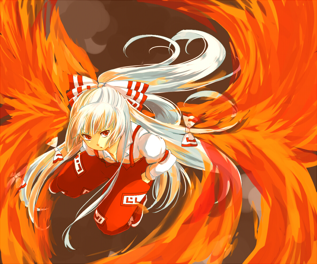 nugaa, fujiwara no mokou, touhou, 1girl, female focus, fiery wings, fire, long hair, ribbon, solo, white hair, wings