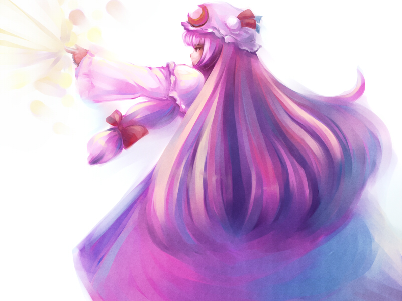 tdk, patchouli knowledge, touhou, 1girl, female focus, hat, long hair, purple hair, ribbon, solo, standing, white background