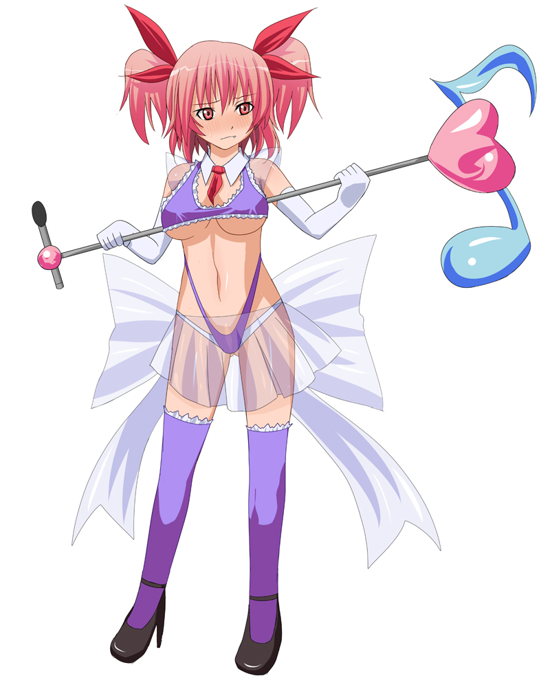 rick.black, onozuka komachi, touhou, 1girl, blush, breasts, elbow gloves, fang, female focus, gloves, idol, large breasts, pink hair, red eyes, ribbon, simple background, solo, thighhighs, twintails, two side up, underboob