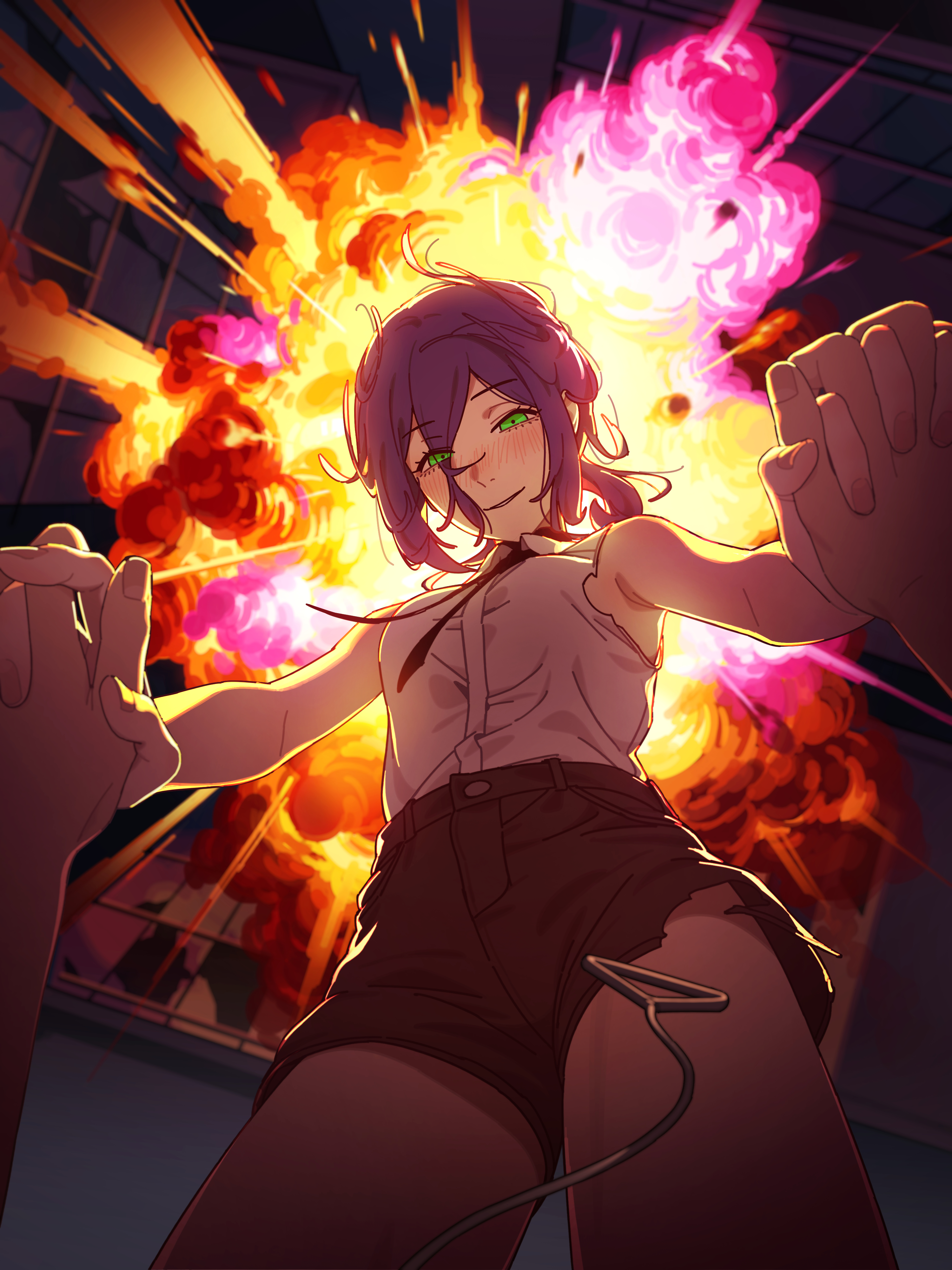 b1026, denji (chainsaw man), reze (chainsaw man), chainsaw man, absurdres, highres, 1boy, 1girl, black shorts, blush, explosion, green eyes, hair between eyes, hand grab, interlocked fingers, pov, purple hair, shirt, shorts, sidelocks, sleeveless, sleeveless shirt, smile, thighs, torn clothes, white shirt