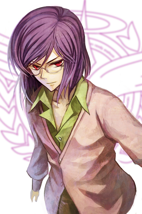 osamu (jagabata), tieria erde, gundam, gundam 00, bad id, bad pixiv id, 00s, 1boy, cardigan, glasses, male focus, purple hair, red eyes, solo