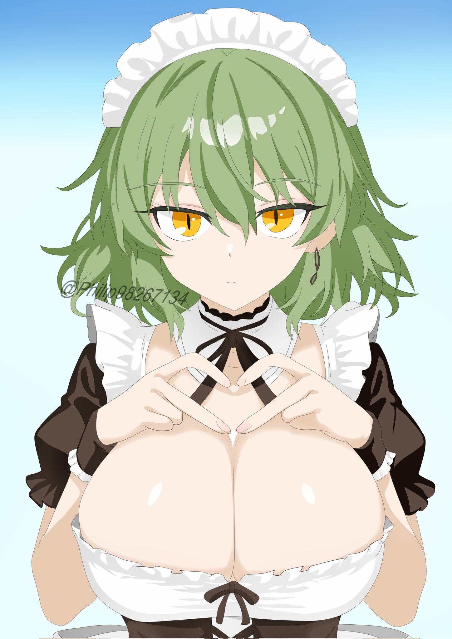 philip98267134, hikage (senran kagura), senran kagura, highres, 1girl, apron, black corset, blue background, breasts, cleavage, closed mouth, corset, earrings, expressionless, fidgeting, hair between eyes, hands on own chest, jewelry, large breasts, looking at viewer, maid, medium hair, single earring, slit pupils, solo, upper body, white apron, white headdress, yellow eyes