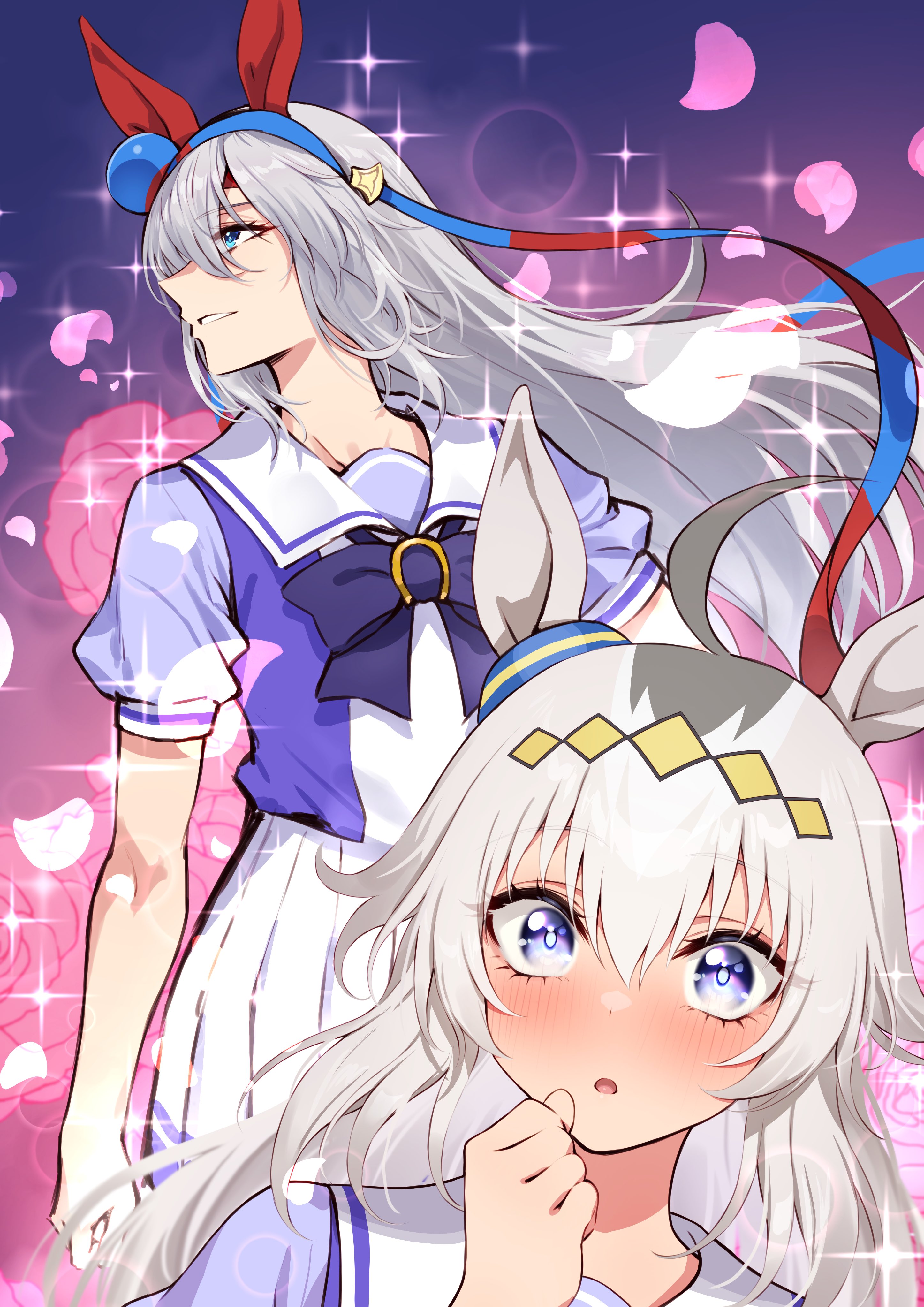 motsunabe (mo2nap3), oguri cap (umamusume), tamamo cross (umamusume), umamusume, umamusume: cinderella gray, absurdres, commentary request, highres, 2girls, ahoge, animal ears, blue eyes, blue hairband, blush, bow, ear covers, ear ornament, grey hair, hair between eyes, hair ornament, hairband, headband, horse ears, horse girl, long hair, multicolored hair, multiple girls, open mouth, parted lips, petals, puffy short sleeves, puffy sleeves, purple bow, purple shirt, red headband, sailor collar, sailor shirt, school uniform, shirt, short sleeves, skirt, smile, striped clothes, striped hairband, tracen school uniform, very long hair, white sailor collar, white skirt