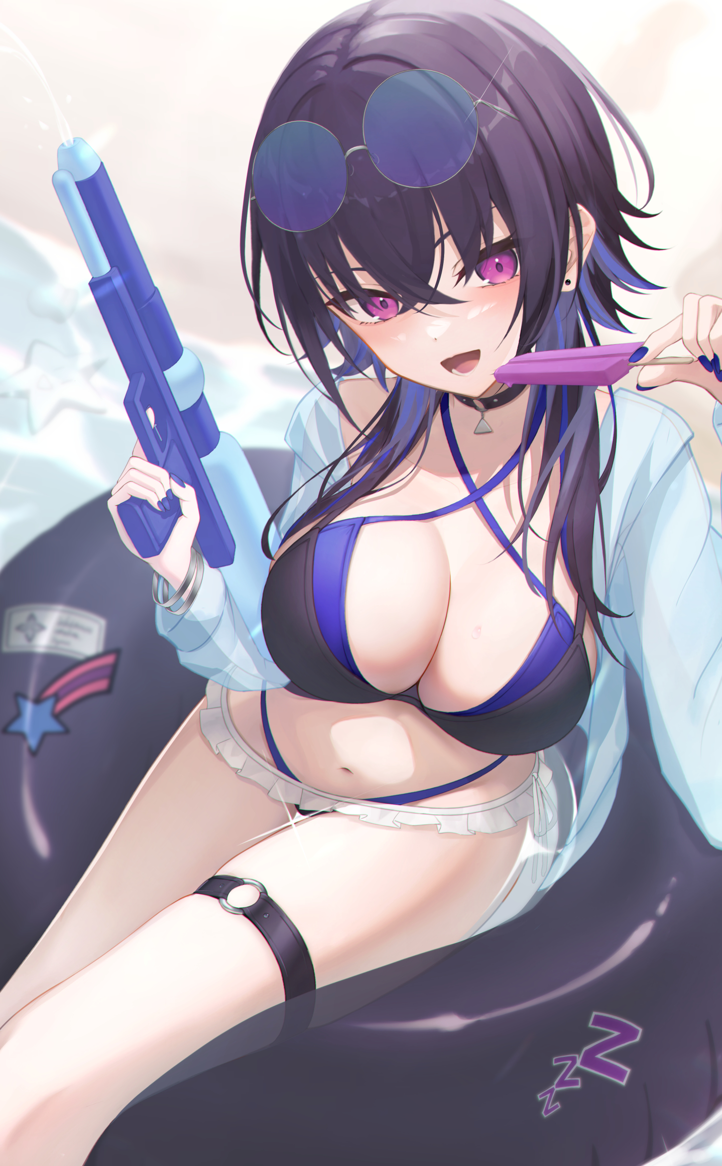 unidon 48, ichinose uruha, vspo!, highres, 1girl, bikini, black choker, black hair, blue bikini, blue hair, choker, double bikini, eyewear on head, food, hair between eyes, holding, holding food, holding popsicle, jacket, looking at viewer, multicolored hair, navel, open clothes, open jacket, open mouth, popsicle, purple eyes, sitting, solo, streaked hair, sunglasses, swim ring, swimsuit, virtual youtuber, water gun